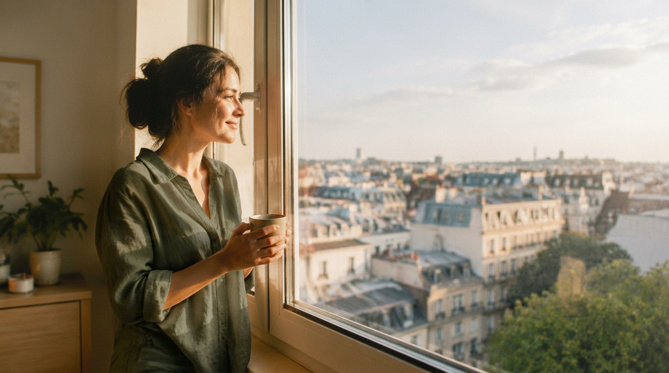 Mann steht abends am Fenster und blickt auf die beleuchtete Stadt