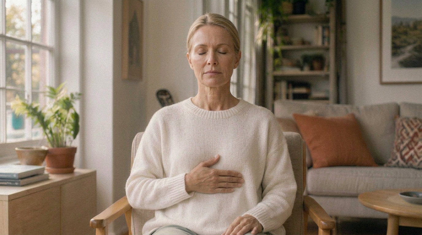Sitzende Person mit einer Hand auf dem Solarplexus, Augen geschlossen, beim ruhigen Atmen