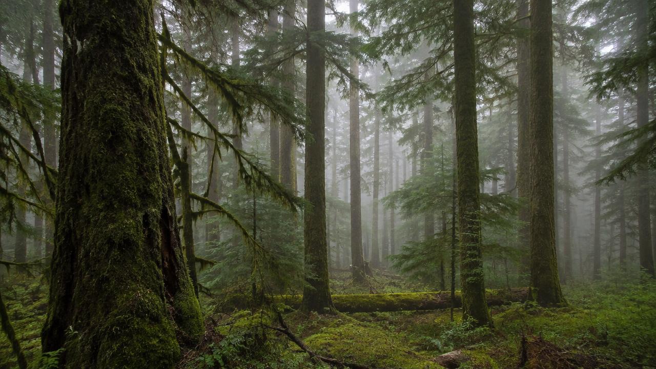 Moosbewachsener Nadelwald im sanften Nebellicht