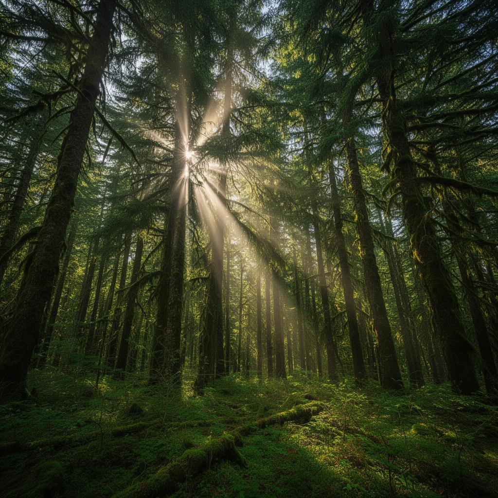 Sonnenstrahlen durchbrechen ein moosbedecktes Nadelwald-Dach
