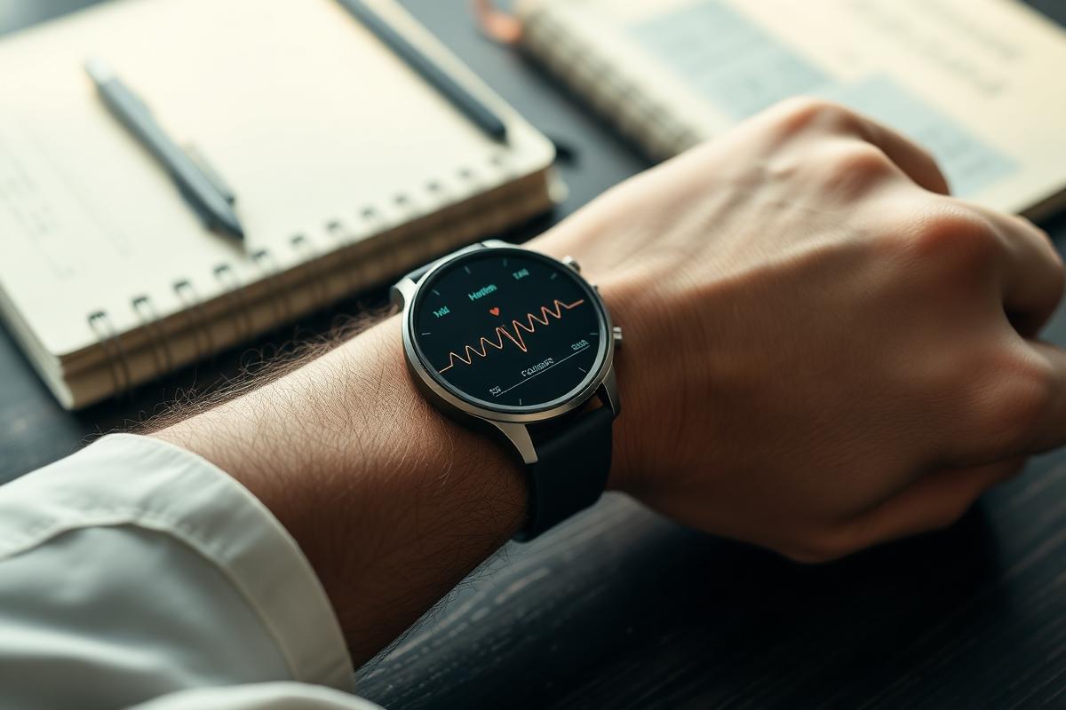 Smartwatch am Handgelenk zeigt eine Herzratenvariabilitäts-Kurve neben einem Notizbuch