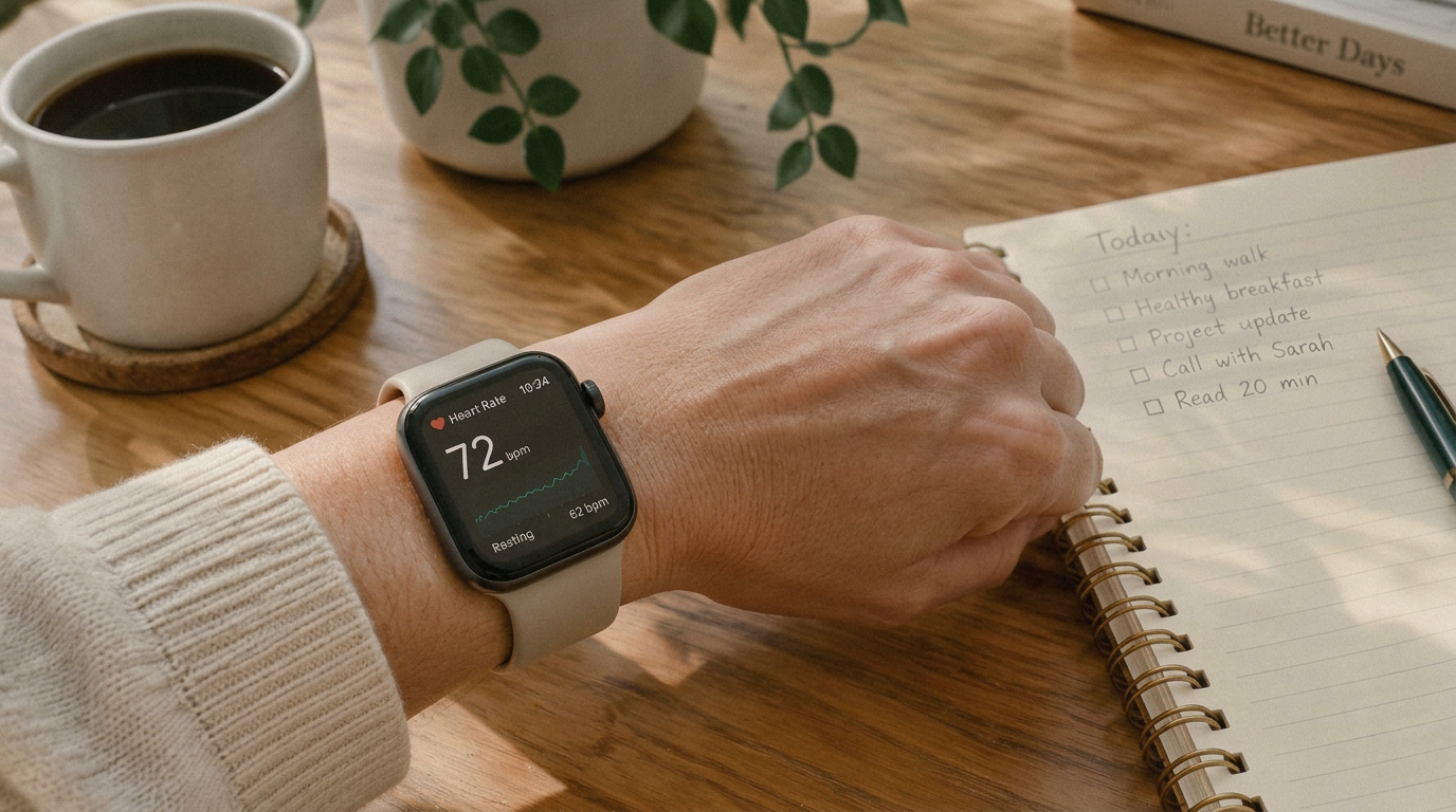 Smartwatch am Handgelenk zeigt eine Herzratenvariabilitäts-Kurve neben einem Notizbuch