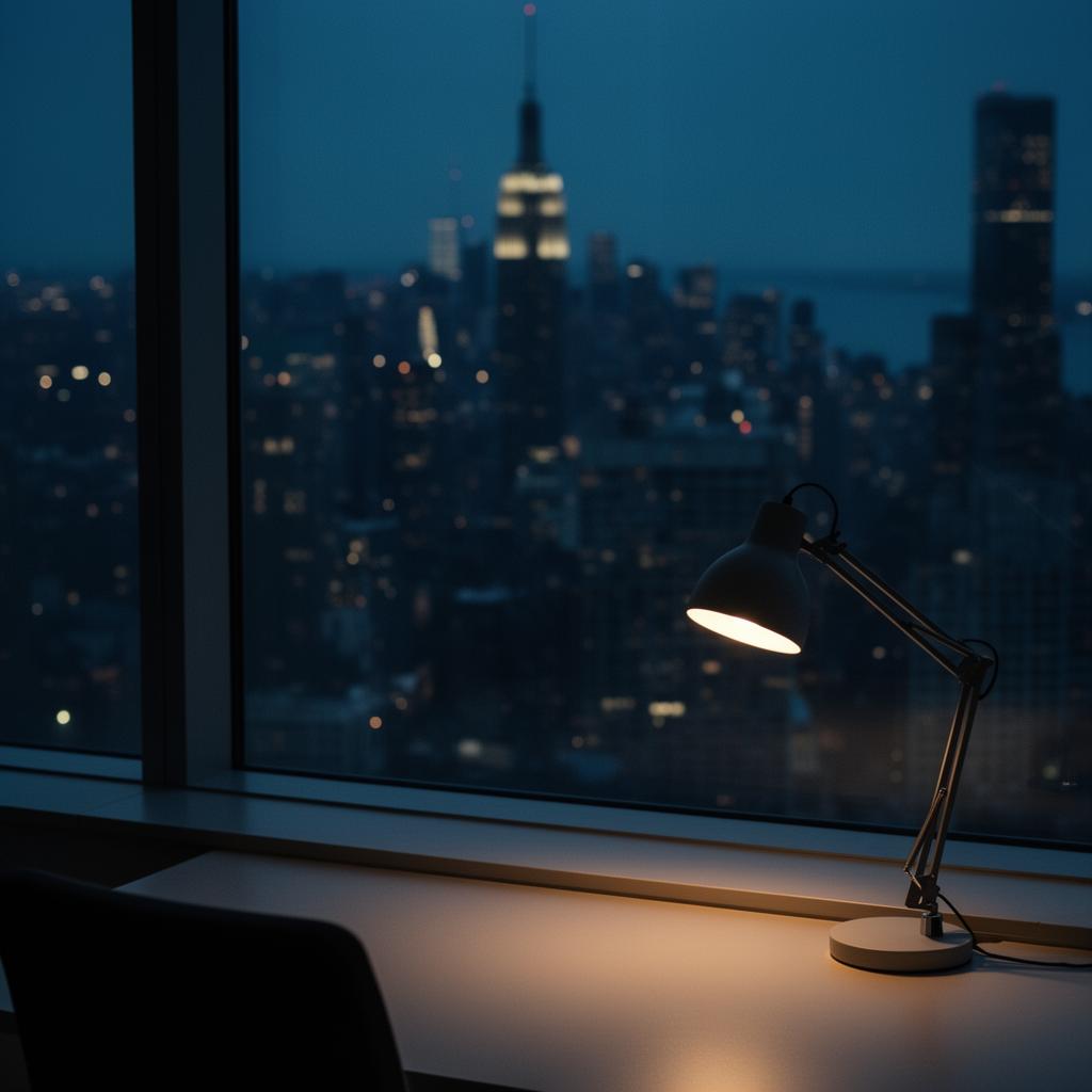 Nächtliche Skyline aus einem hohen Büro, eine einzelne Schreibtischlampe leuchtet