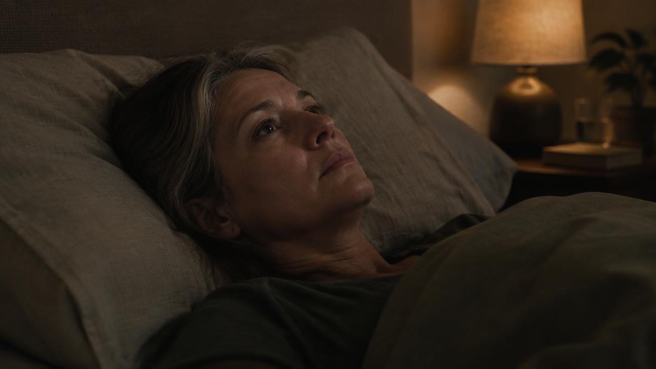 Wach liegende Frau um die 50 im Bett bei Nacht, eine Nachttischlampe leuchtet