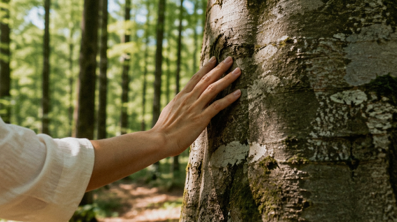 Frau berührt beim Waldbaden im sonnigen Buchenwald einen Baumstamm