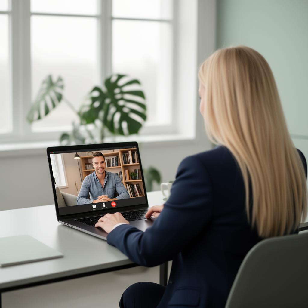 Trainerin am Laptop im Videocall mit Klient