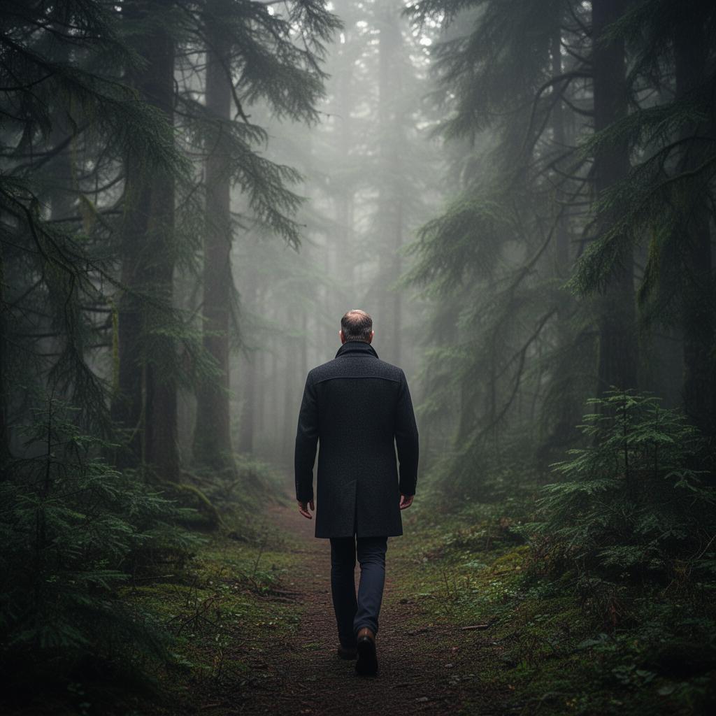Mann im Mantel im nebligen Wald