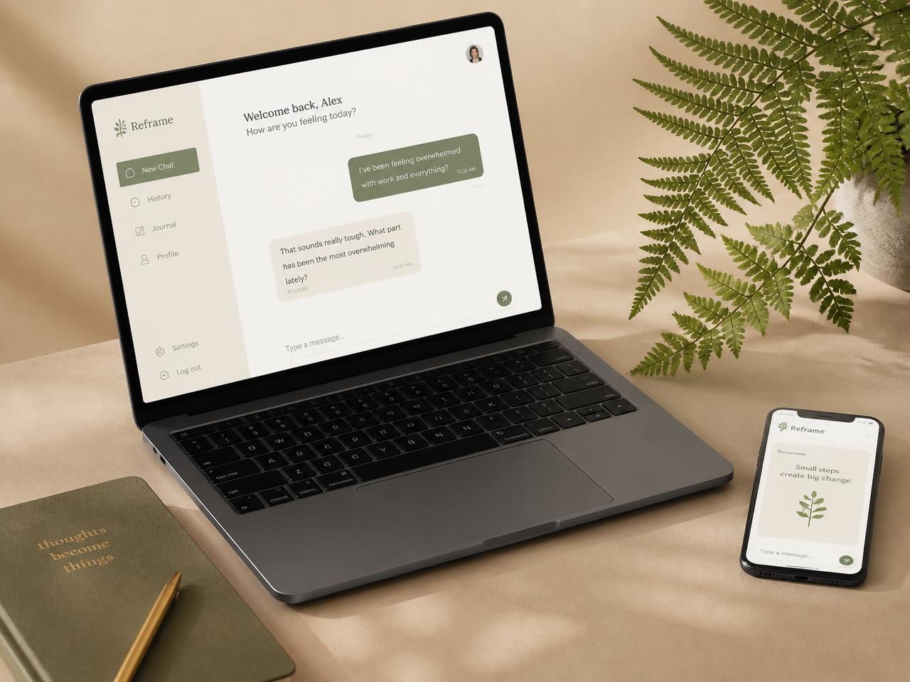 Laptop und Smartphone mit ruhiger Chat-Oberfläche auf einem hellen Schreibtisch